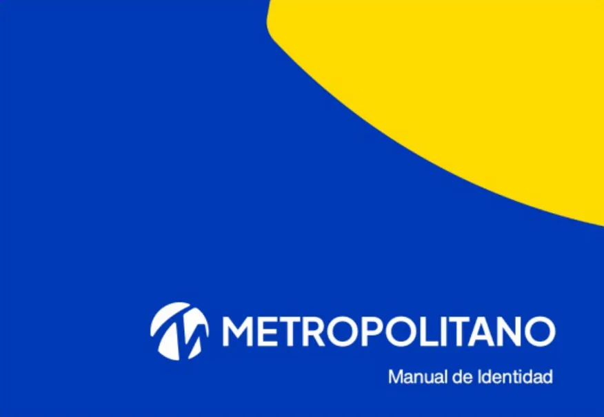 Portada del manual de identidad del Metropolitano, curva amarilla sobre azul